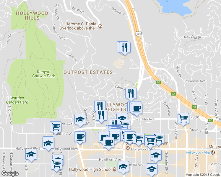 map of restaurants, bars, coffee shops, grocery stores, and more near 6919 Camrose Drive in Los Angeles