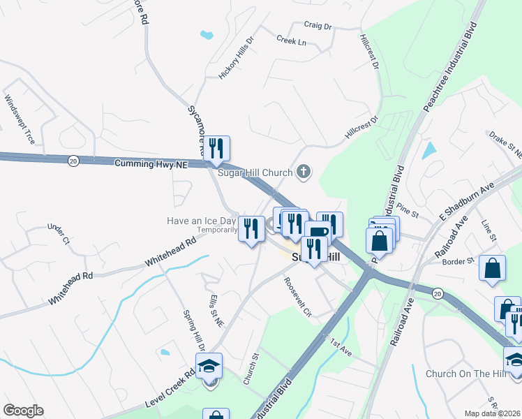 map of restaurants, bars, coffee shops, grocery stores, and more near 1164 Hillcrest Drive in Sugar Hill