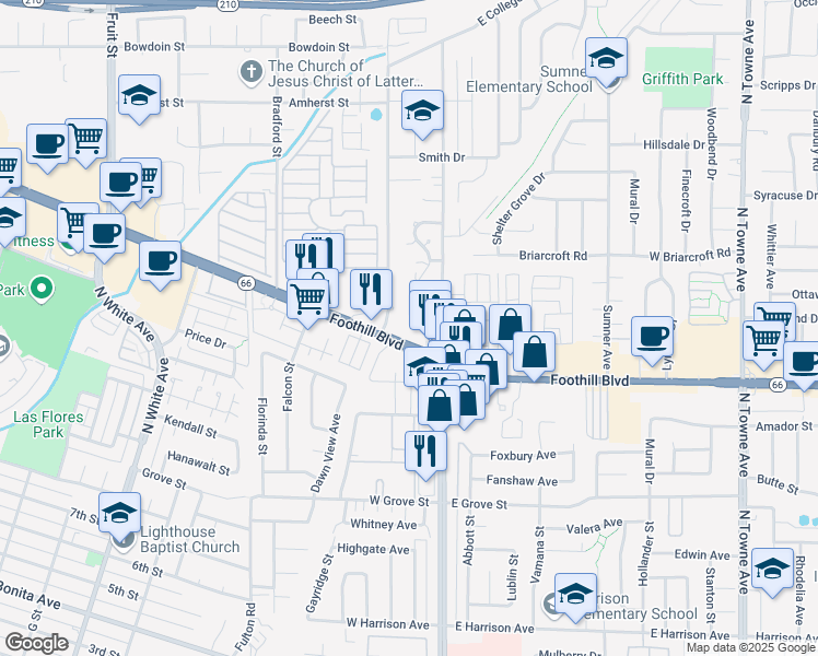 map of restaurants, bars, coffee shops, grocery stores, and more near 141 West Foothill Boulevard in Pomona