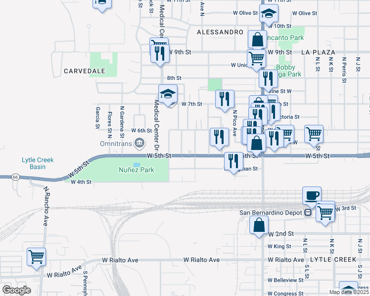 map of restaurants, bars, coffee shops, grocery stores, and more near 515 Ramona Avenue in San Bernardino