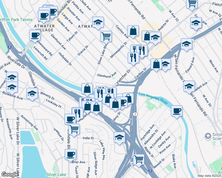map of restaurants, bars, coffee shops, grocery stores, and more near Fletcher Drive in Los Angeles