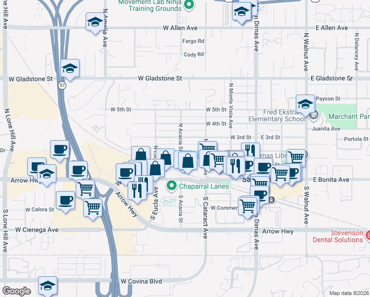 map of restaurants, bars, coffee shops, grocery stores, and more near 339 West 2nd Street in San Dimas