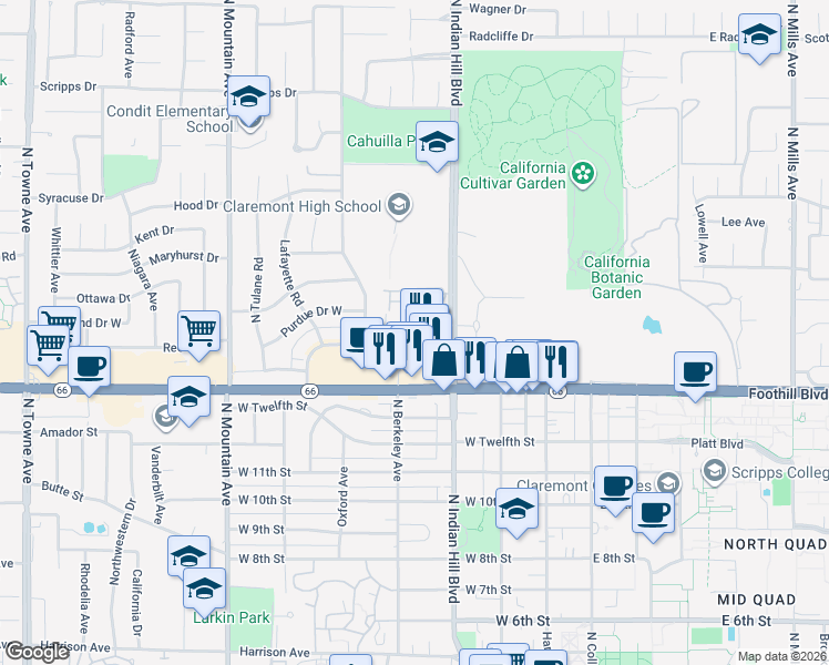 map of restaurants, bars, coffee shops, grocery stores, and more near 224 Babson Court in Claremont