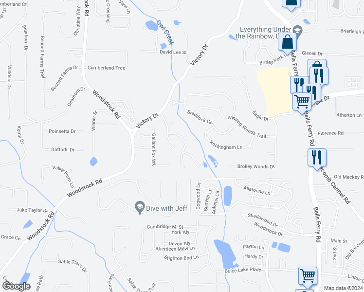 map of restaurants, bars, coffee shops, grocery stores, and more near 310 Victory Commons Overlook in Acworth