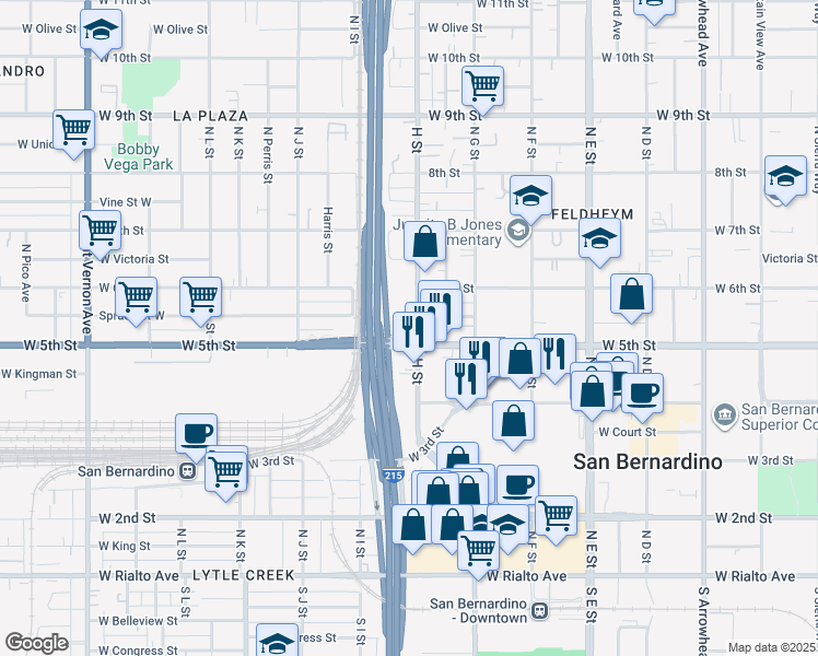 map of restaurants, bars, coffee shops, grocery stores, and more near 528 N H St in San Bernardino