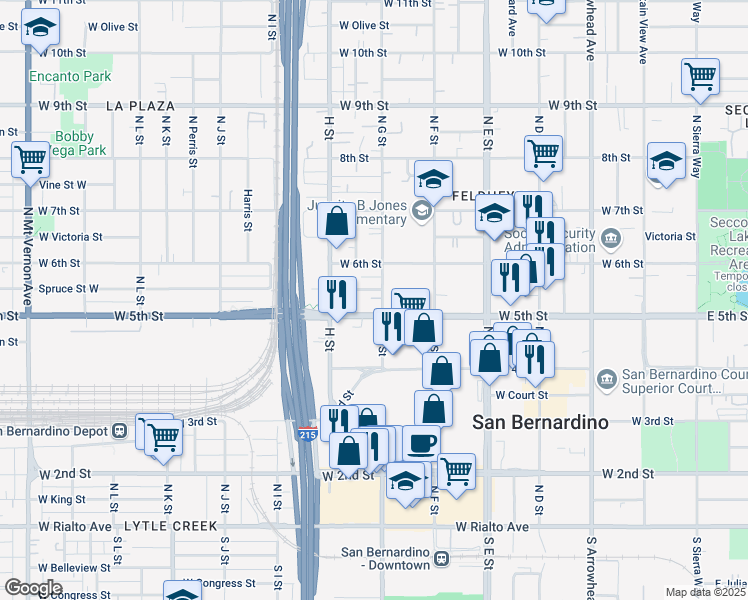 map of restaurants, bars, coffee shops, grocery stores, and more near 696 West 5th Street in San Bernardino