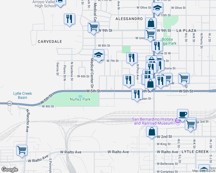 map of restaurants, bars, coffee shops, grocery stores, and more near 1586 West 5th Street in San Bernardino