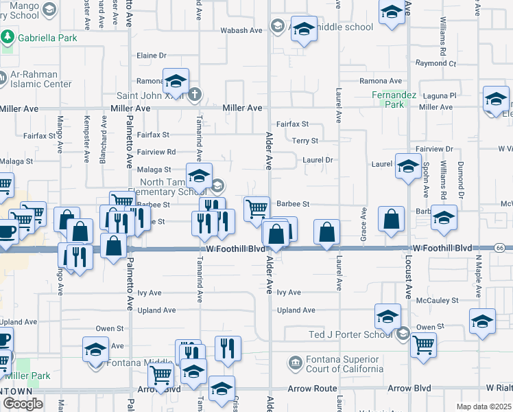 map of restaurants, bars, coffee shops, grocery stores, and more near 8008 Alder Avenue in Fontana