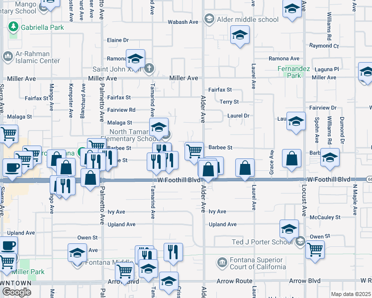 map of restaurants, bars, coffee shops, grocery stores, and more near 17627 McWethy Drive in Fontana