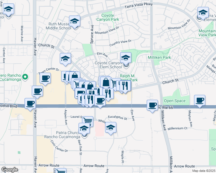 map of restaurants, bars, coffee shops, grocery stores, and more near 10920 Foothill Boulevard in Rancho Cucamonga