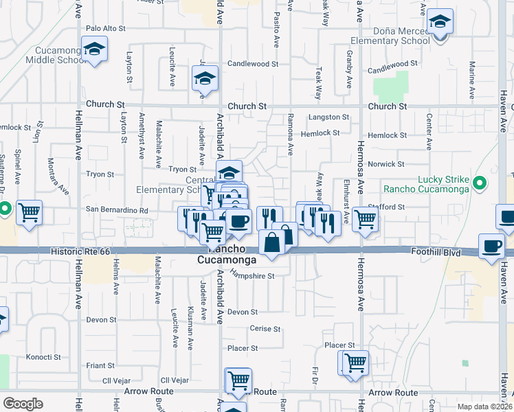 map of restaurants, bars, coffee shops, grocery stores, and more near 8002 London Avenue in Rancho Cucamonga