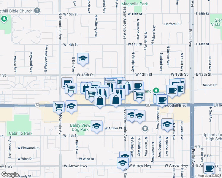map of restaurants, bars, coffee shops, grocery stores, and more near 901 West Foothill Boulevard in Upland
