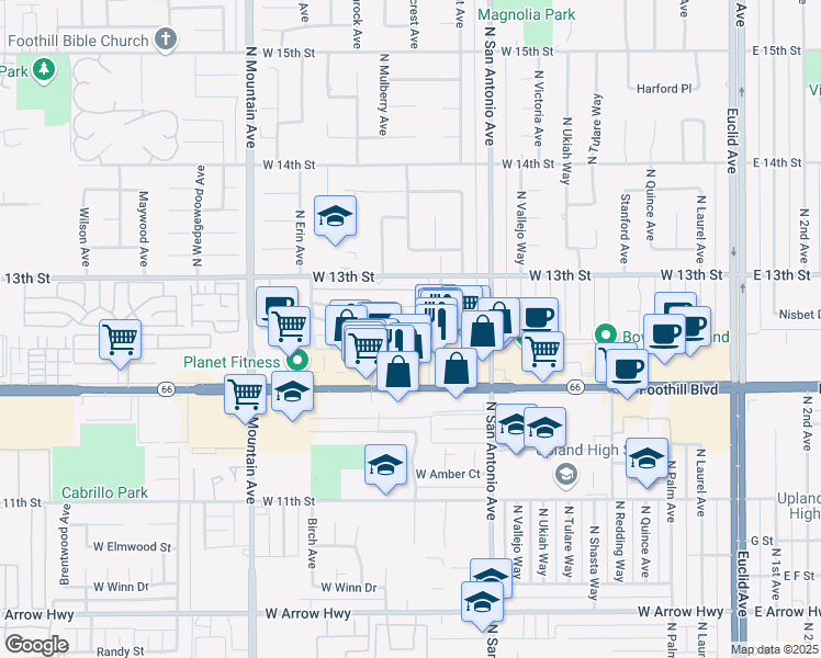 map of restaurants, bars, coffee shops, grocery stores, and more near 960 Springfield Street in Upland