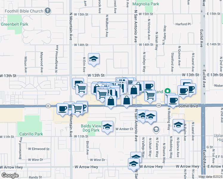 map of restaurants, bars, coffee shops, grocery stores, and more near 960 Springfield Street in Upland