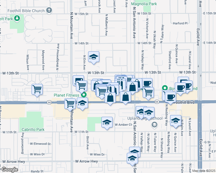map of restaurants, bars, coffee shops, grocery stores, and more near 960 Springfield Street in Upland