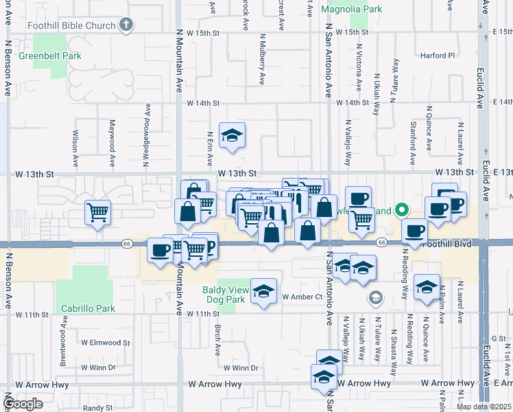 map of restaurants, bars, coffee shops, grocery stores, and more near 1020 Springfield Street in Upland