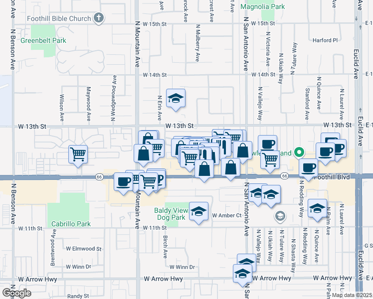 map of restaurants, bars, coffee shops, grocery stores, and more near 1020 Springfield Street in Upland