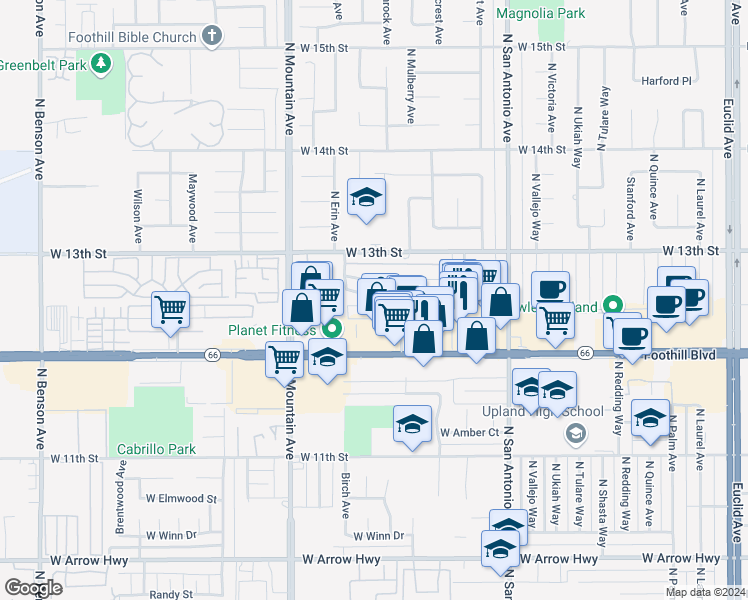 map of restaurants, bars, coffee shops, grocery stores, and more near 1020 Springfield Street in Upland