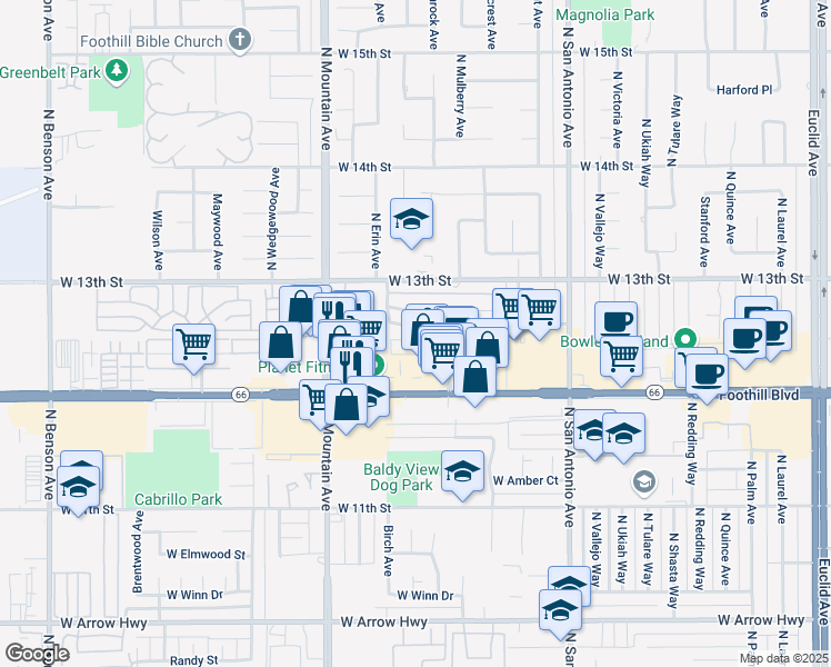 map of restaurants, bars, coffee shops, grocery stores, and more near 1086 Springfield Street in Upland