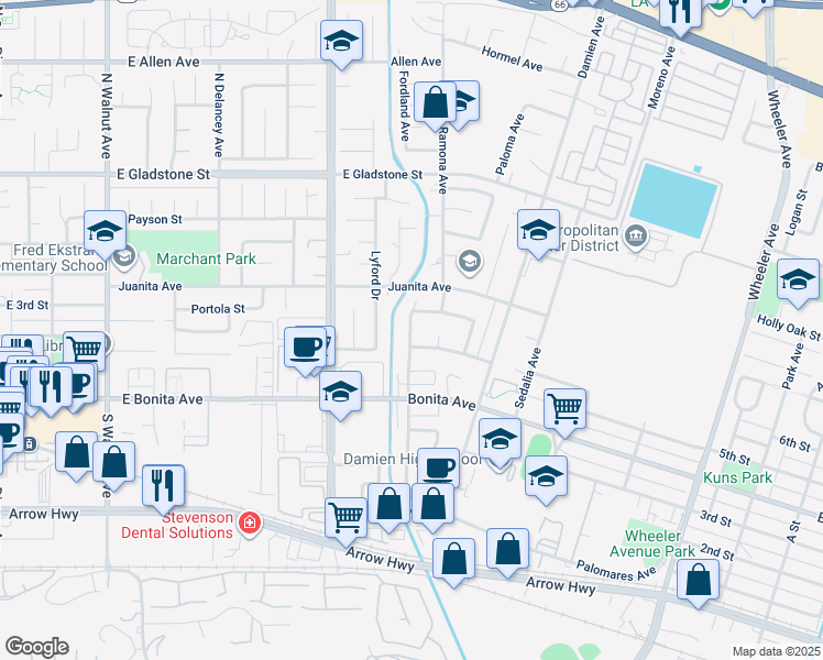 map of restaurants, bars, coffee shops, grocery stores, and more near 2602 Pattiglen Avenue in La Verne
