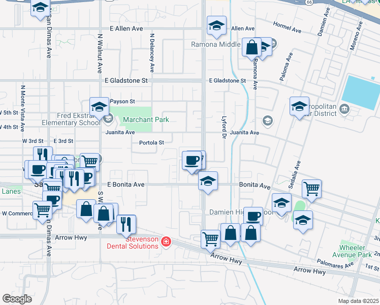 map of restaurants, bars, coffee shops, grocery stores, and more near 301 North San Dimas Canyon Road in San Dimas