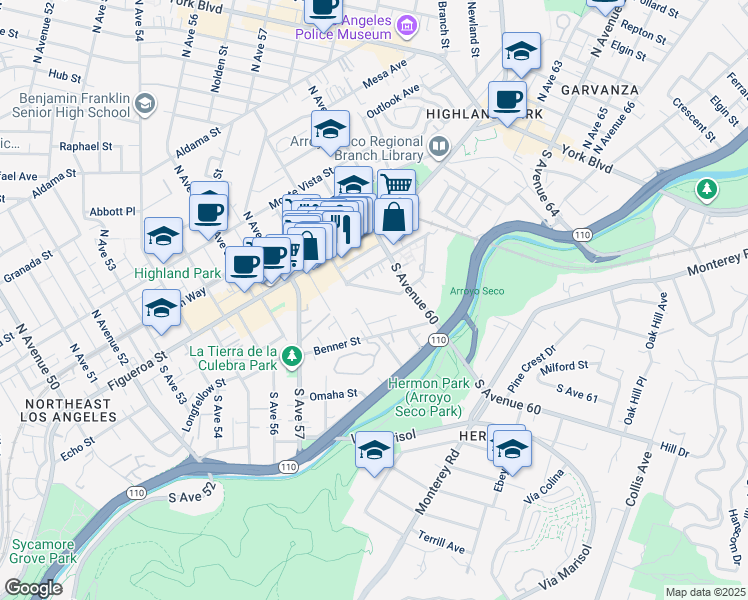 map of restaurants, bars, coffee shops, grocery stores, and more near 209 South Avenue 59 in Los Angeles