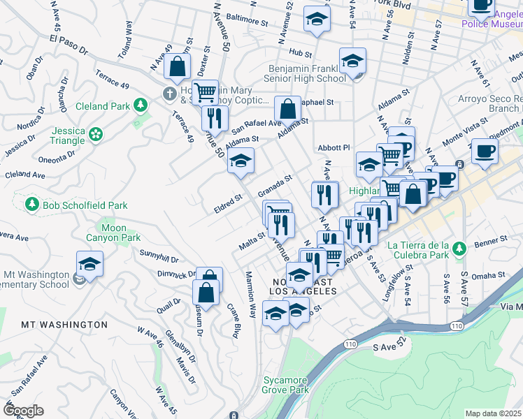 map of restaurants, bars, coffee shops, grocery stores, and more near 423 1/2 North Avenue 50 in Los Angeles