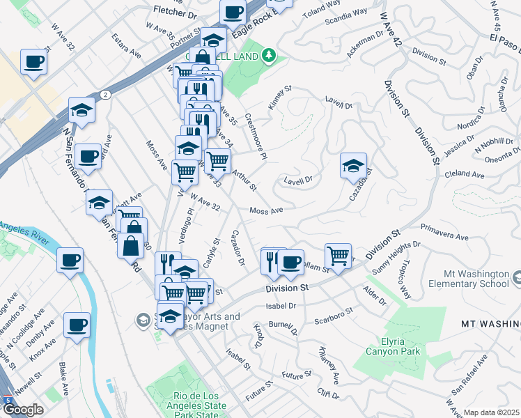 map of restaurants, bars, coffee shops, grocery stores, and more near 2314 Moss Avenue in Los Angeles