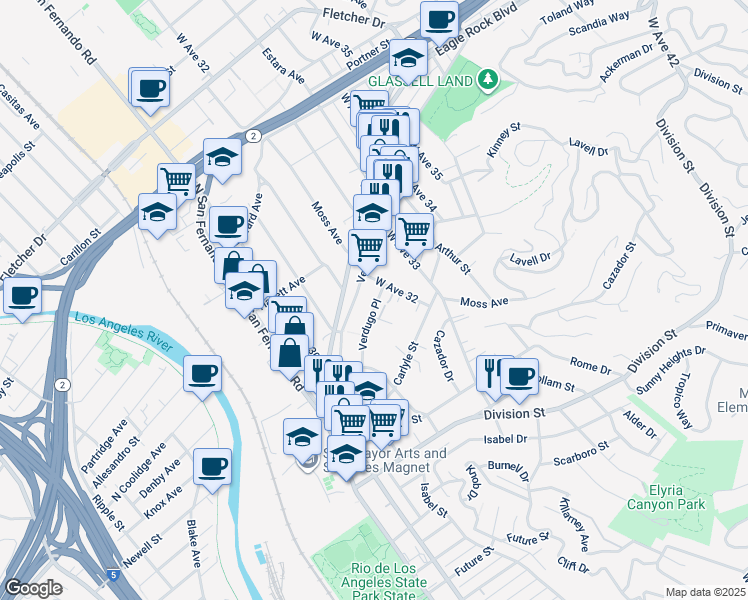 map of restaurants, bars, coffee shops, grocery stores, and more near 3174 Verdugo Place in Los Angeles