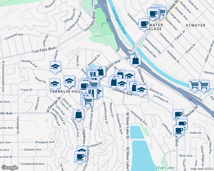map of restaurants, bars, coffee shops, grocery stores, and more near 2928 Rowena Avenue in Los Angeles