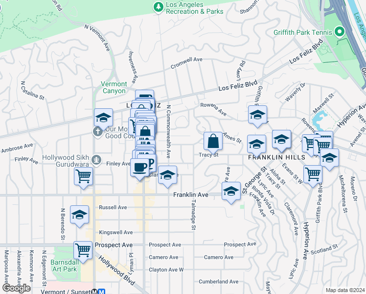 map of restaurants, bars, coffee shops, grocery stores, and more near 2024 North Hoover Street in Los Angeles
