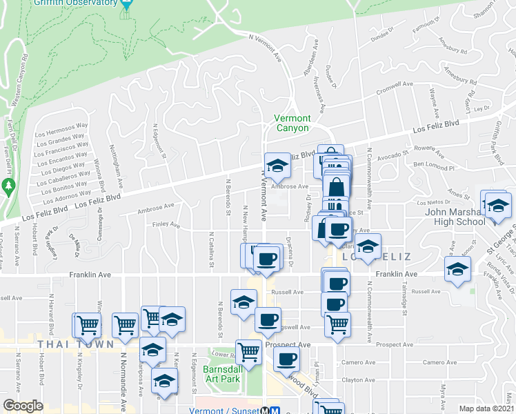 map of restaurants, bars, coffee shops, grocery stores, and more near 2030 North Vermont Avenue in Los Angeles