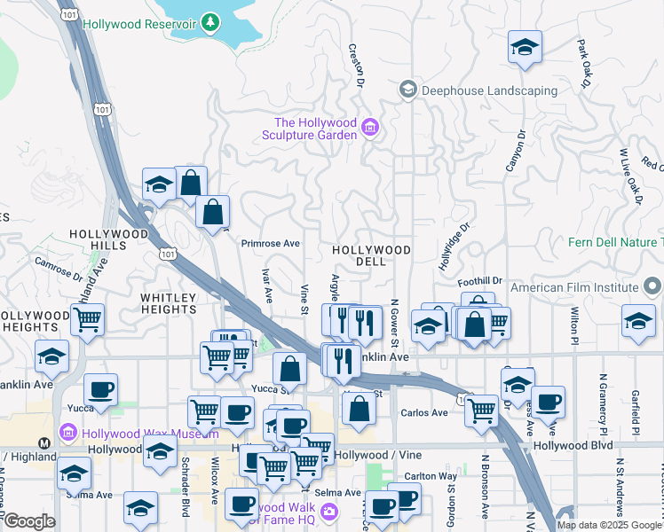 map of restaurants, bars, coffee shops, grocery stores, and more near 2110 Vine Street in Los Angeles