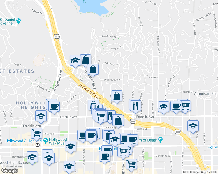 map of restaurants, bars, coffee shops, grocery stores, and more near 2067 Ivar Avenue in Los Angeles