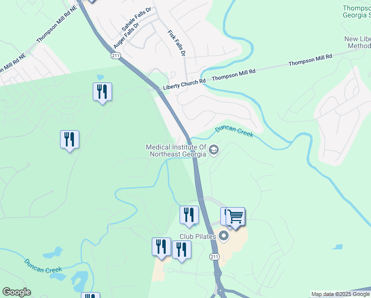 map of restaurants, bars, coffee shops, grocery stores, and more near 105 Chablis Court in Braselton
