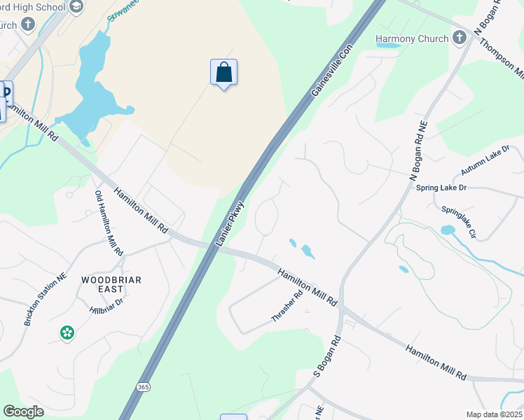 map of restaurants, bars, coffee shops, grocery stores, and more near 2563 Hamill Drive in Buford