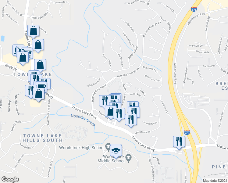 map of restaurants, bars, coffee shops, grocery stores, and more near 3004 Towne Lake Heights in Woodstock