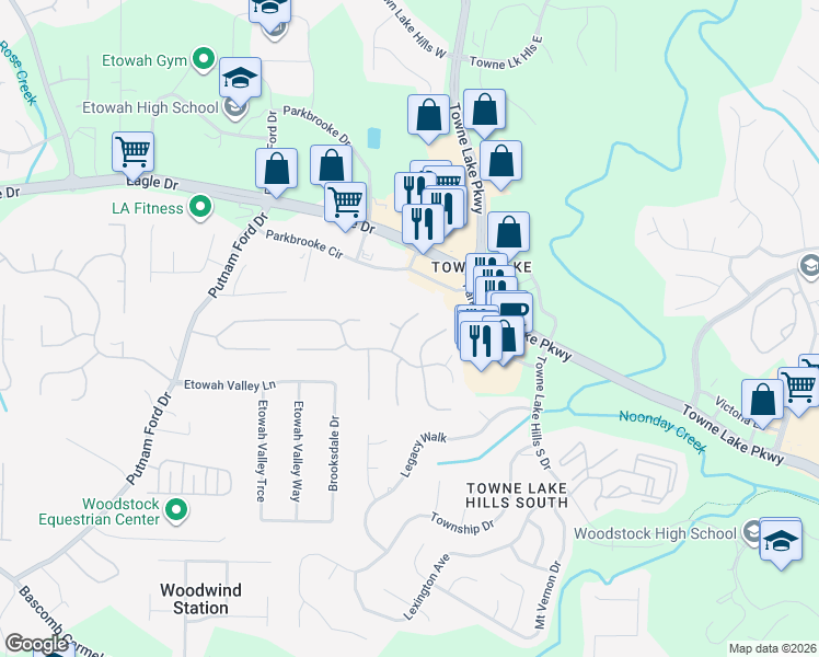 map of restaurants, bars, coffee shops, grocery stores, and more near 606 Eagle Glen Trce in Woodstock