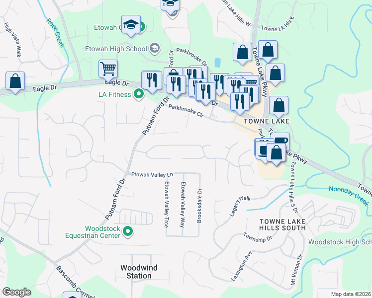 map of restaurants, bars, coffee shops, grocery stores, and more near 132 Eagle Glen Drive in Woodstock