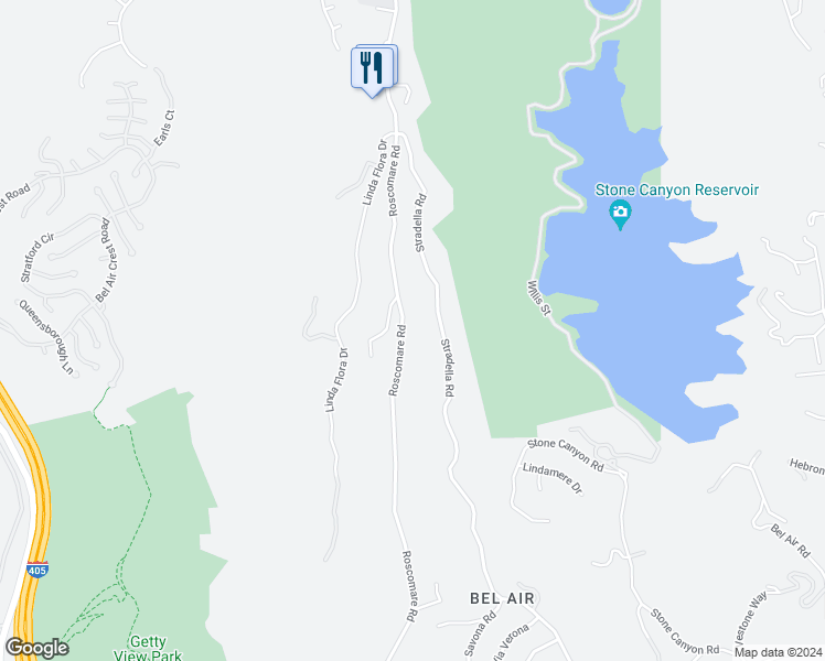 map of restaurants, bars, coffee shops, grocery stores, and more near 2100 Roscomare Road in Los Angeles