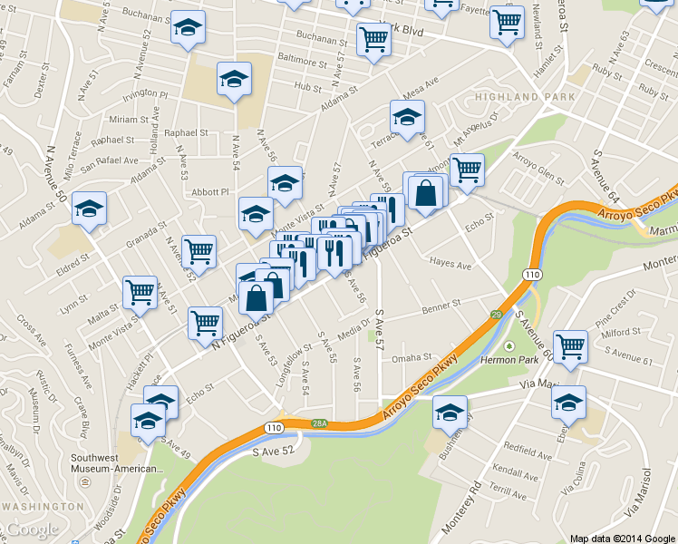 map of restaurants, bars, coffee shops, grocery stores, and more near 2 North Ave 56 in Los Angeles