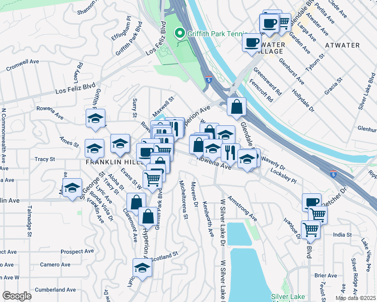 map of restaurants, bars, coffee shops, grocery stores, and more near 3003 Rowena Avenue in Los Angeles