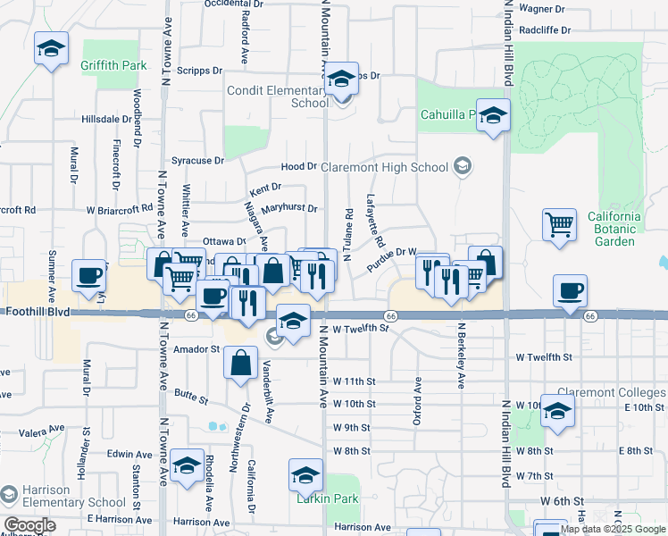 map of restaurants, bars, coffee shops, grocery stores, and more near 1372 North Mountain Avenue in Claremont