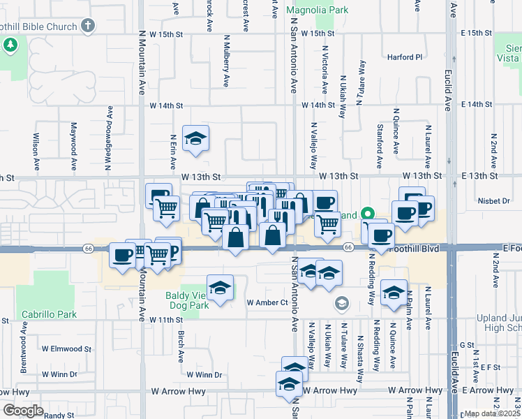 map of restaurants, bars, coffee shops, grocery stores, and more near 901 West Foothill Boulevard in Upland