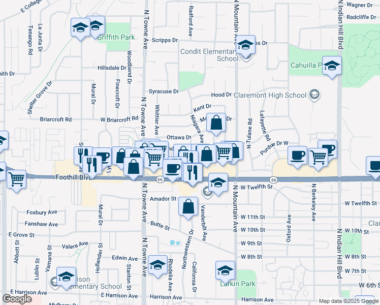 map of restaurants, bars, coffee shops, grocery stores, and more near 944 Richmond Drive West in Claremont