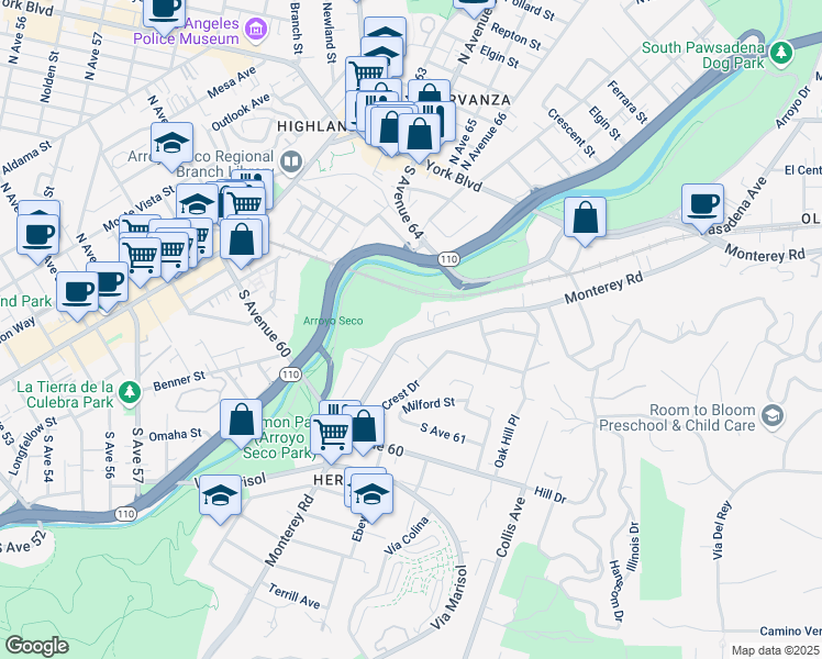 map of restaurants, bars, coffee shops, grocery stores, and more near 6311 Monterey Road in Los Angeles