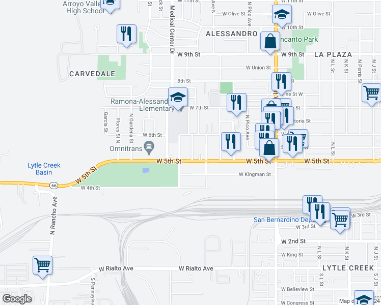 map of restaurants, bars, coffee shops, grocery stores, and more near 532 Ramona Avenue in San Bernardino