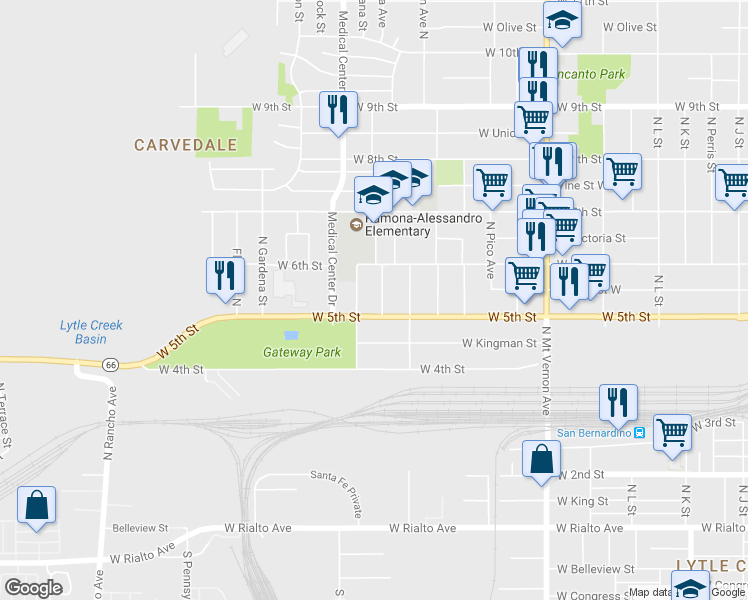 map of restaurants, bars, coffee shops, grocery stores, and more near in San Bernardino