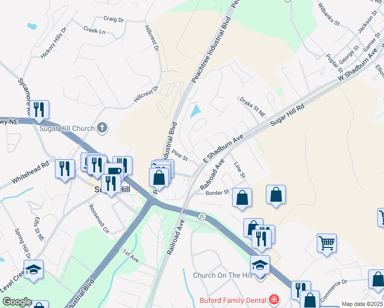 map of restaurants, bars, coffee shops, grocery stores, and more near 4958 Power Lane in Sugar Hill