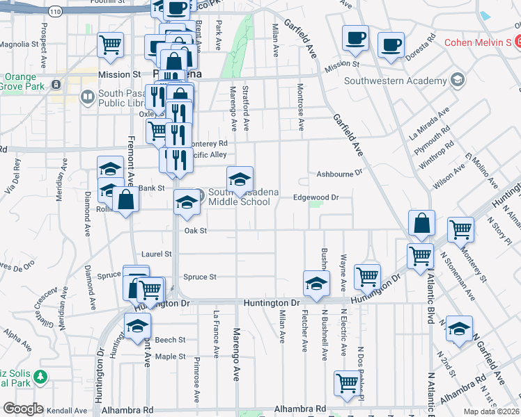 map of restaurants, bars, coffee shops, grocery stores, and more near 1424 Stratford Avenue in South Pasadena